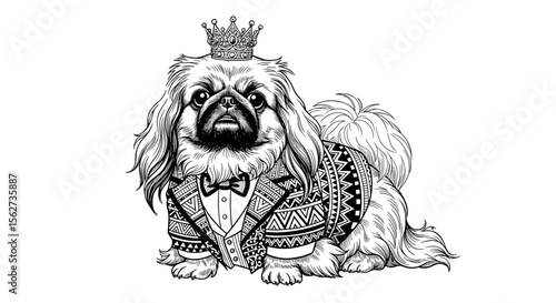 Royal Pup: A regal Pekinese dog, adorned with a crown and suit, epitomizes canine royalty in a sophisticated illustration, capturing the essence of elegance and charm.