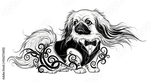 Dapper Pekingese in Formal Attire: A refined Pekingese dog, sporting a tuxedo with bow tie, exudes elegance and sophistication, complemented by ornate.