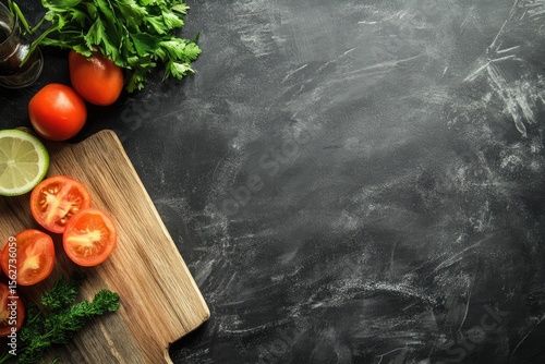 Fresh vegetables on a wooden cutting board atop a dark textured surface
