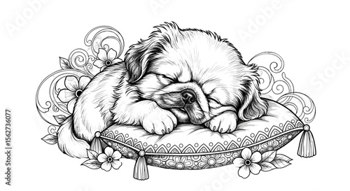 A Cozy Repose: A precious, fluffy puppy nestled on a decorative pillow, enjoying a peaceful nap, adorned with floral elements and intricate patterns.