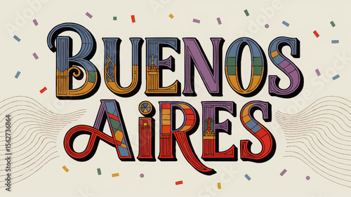 Colorful Buenos Aires Lettering Illustration – Vibrant Hand-Drawn Typography, Festive Argentinian Culture Design, Cityscape Art