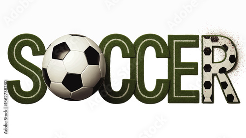Creative Soccer Typography Design with Grass Text Effect and Realistic Soccer Ball Isolated on White for Sports Promotion