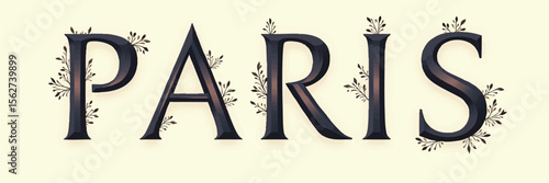 Elegant Paris Typography with Decorative Floral Elements, Vintage Pastel Text Art, Romantic Parisian Wall Decor Illustration