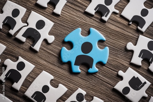 A single, light-blue jigsaw puzzle piece, depicting a person, stands out amidst many grey puzzle pieces, also depicting people, on a wooden surface