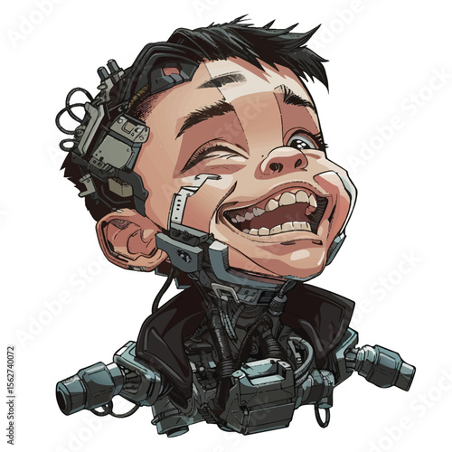 Cybernetic Childs Joyful Expression with Robotic Enhancements and Details