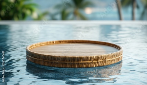 Round, light brown wooden tray floats on a pool