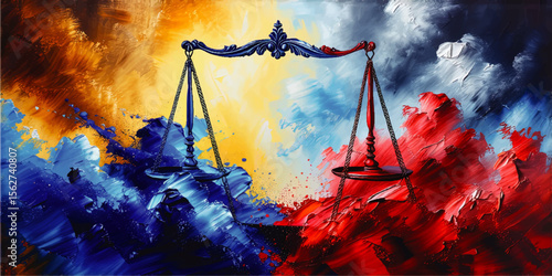 Abstract Justice Scales Balancing Red and Blue Paint Splashes on Vibrant Background – Conceptual Digital Art Illustration
