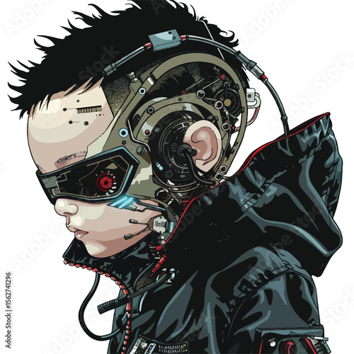 Cyberpunk Child Profile Mechanized Head and Dark Jacket