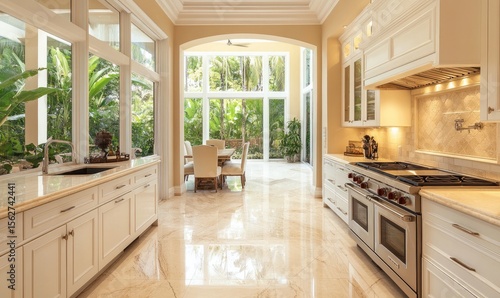 Spacious kitchen with view to sun-drenched patio