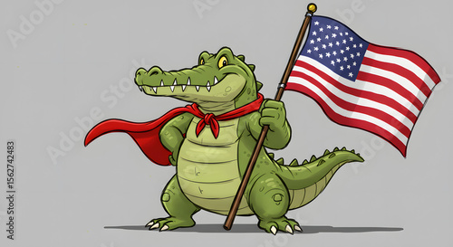 Cartoon Alligator Character Holding American Flag Wearing Red Cape and Bandana in Gray Background