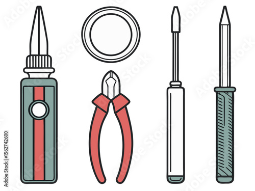Set of electronic repair tools including a glue bottle wire cutters and screwdrivers