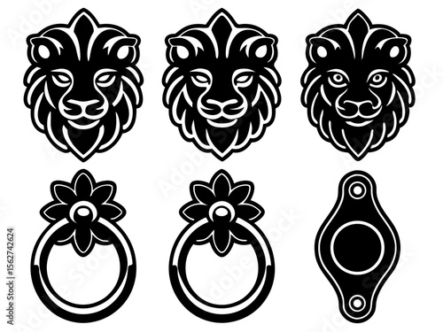 Collection of stylized lion head designs and decorative door knockers