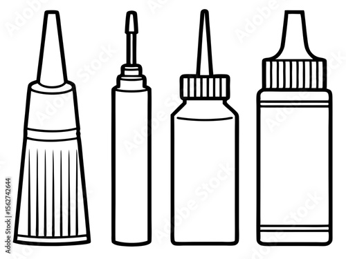 Set of four different glue bottles with applicator tips and caps