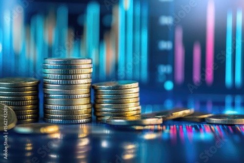 Stacks of gold coins on a reflective surface, with blurred financial charts in the background