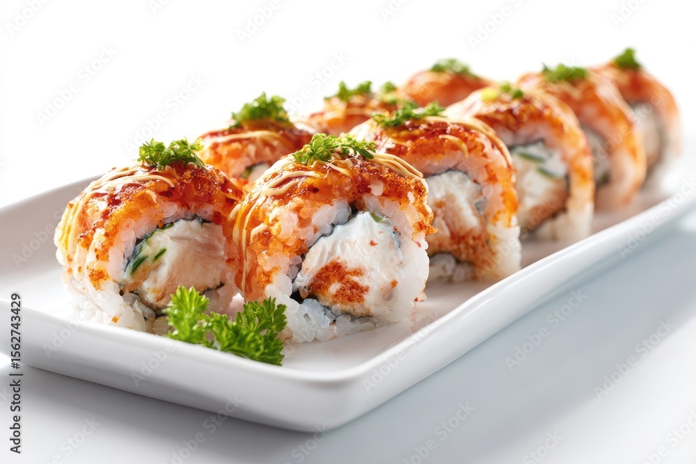 Salmon sushi rolls arranged on a white plate. Salmon sushi rolls arranged on a white plate.