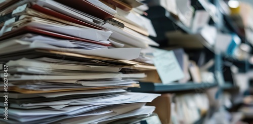 A towering stack of papers, documents, and files fills a shelf.  Many files and papers are visible in a cluttered office environment