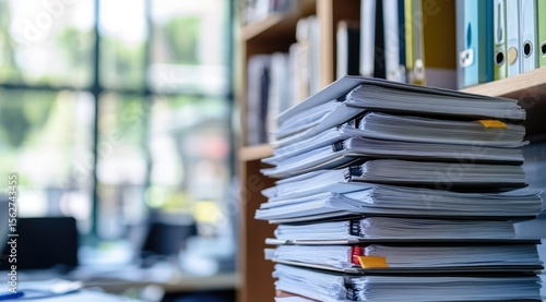 High stack of documents on a shelving unit in an office