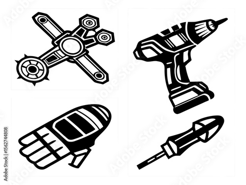 Collection of stylized black and white icons representing tools and a fidget spinner