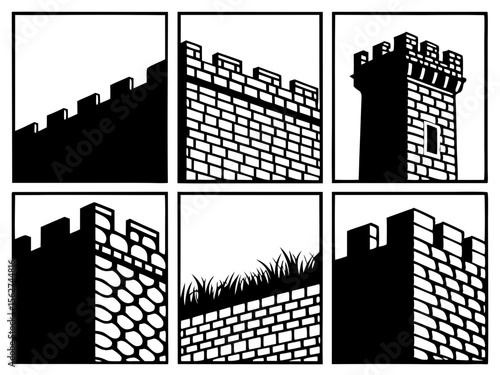 Black and white graphic illustrations of castle walls and towers in a grid format