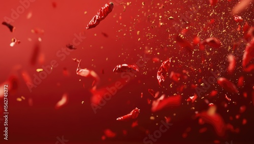 Red chili peppers and spice particles explode on a vibrant red background
