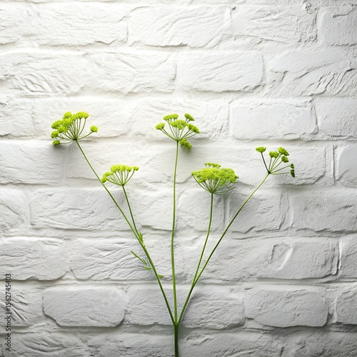 Elegant Green Flowers Against a White Brick Wall Background
