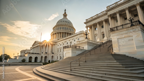 United states capitol building bathed in golden sunrise light with sunburst effect