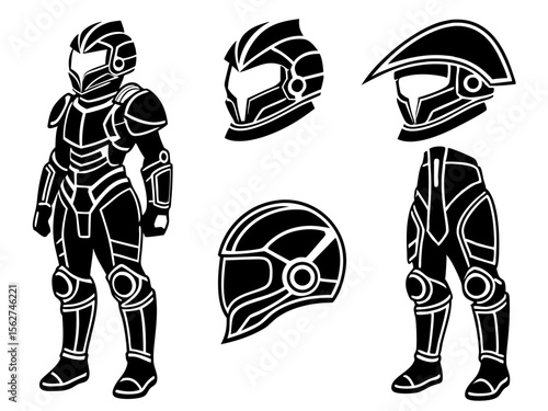 Collection of futuristic sci fi soldier armor and helmets in black and white