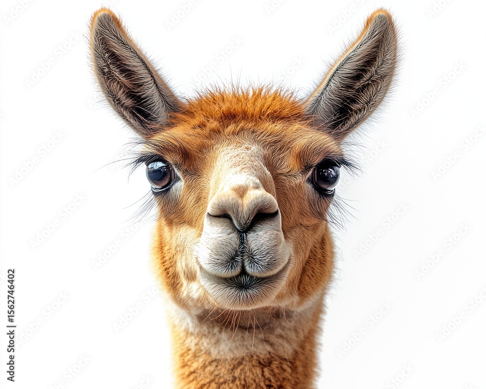 Fototapeta premium Close-up portrait of a llama with expressive eyes and soft fur against a white background