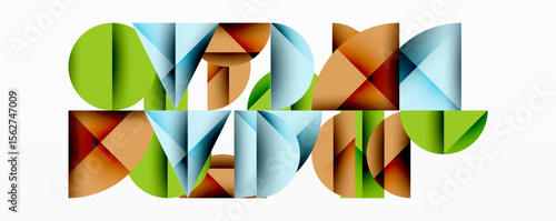 Abstract geometric shapes overlap, creating colorful composition. Modern design features soft shadows, clean lines.