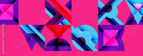 Abstract geometric composition. Vivid pink background hosts blue, purple shapes. Modern design, sharp angles, dynamic visual impact.