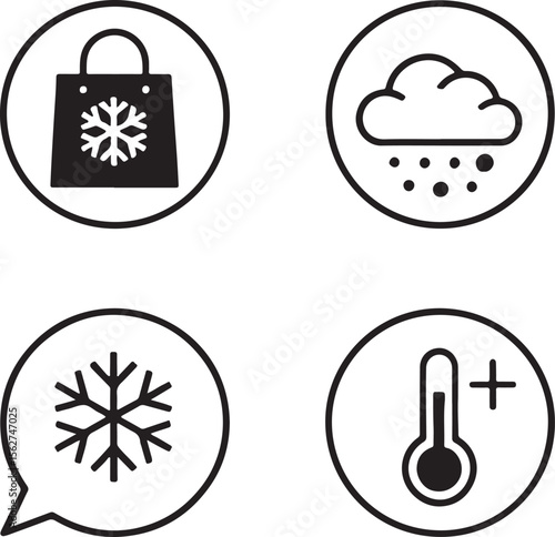 Set of Winter Weather Icons Depicting Snowy Conditions, Chilly Temperatures, Snowflake Shape, and Shopping with Winter Themes