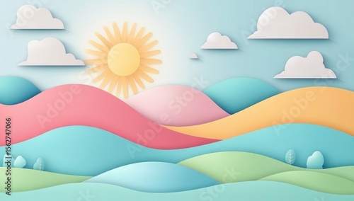 Pastel paper-cut landscape with hills, sun, and clouds