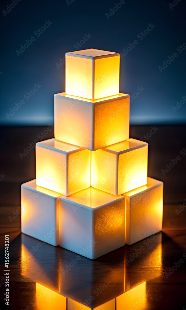 Obraz premium Illuminated White Cubes Stacked in a Pyramid Shape on a Wooden Surface