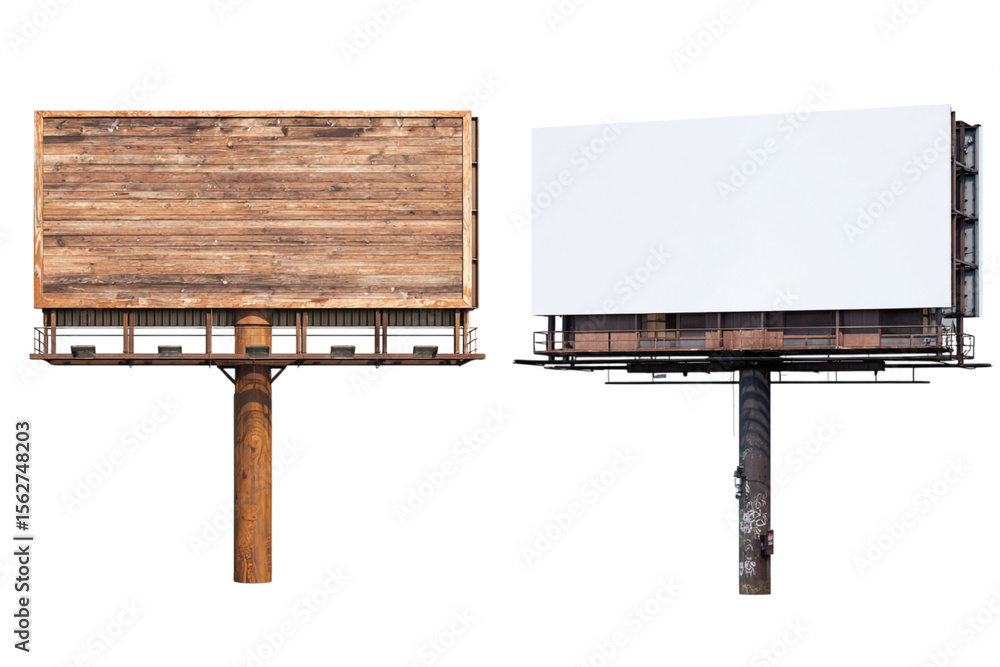 Obraz premium Two outdoor billboards, one with a wooden surface and one blank white space.