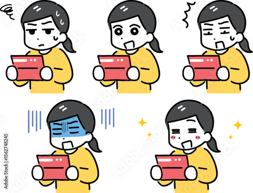 通帳を見ている若い女性の表情のセット