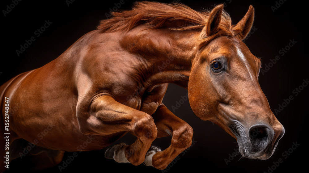 Obraz premium Powerful chestnut horse in motion against dark background, showcasing its muscular build and dynamic energy