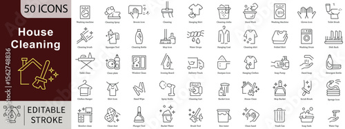 House Cleaning Line Icons: Home Maintenance, Dusting, Laundry and Organizing Vectors. Editable Stroke