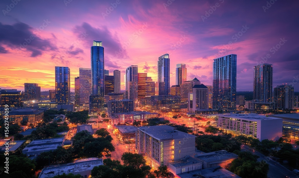 Obraz premium City skyline at vibrant sunset. Aerial view of illuminated buildings and streets. Colorful twilight sky