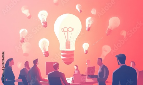 Business meeting with lightbulb ideas.  Group of people in a meeting, focused on a central lightbulb surrounded by floating lightbulbs. Soft gradient background