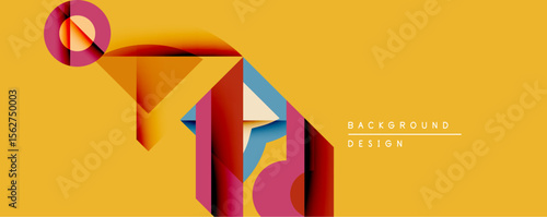 Abstract geometric composition. Shapes overlap, creating dynamic visual effect. Warm colors dominate, contrasted by cool blue accents. Modern design element.