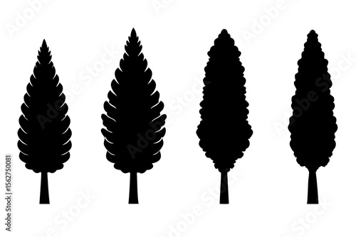 set of Cypress tree vector silhouette illustration isolated on white background