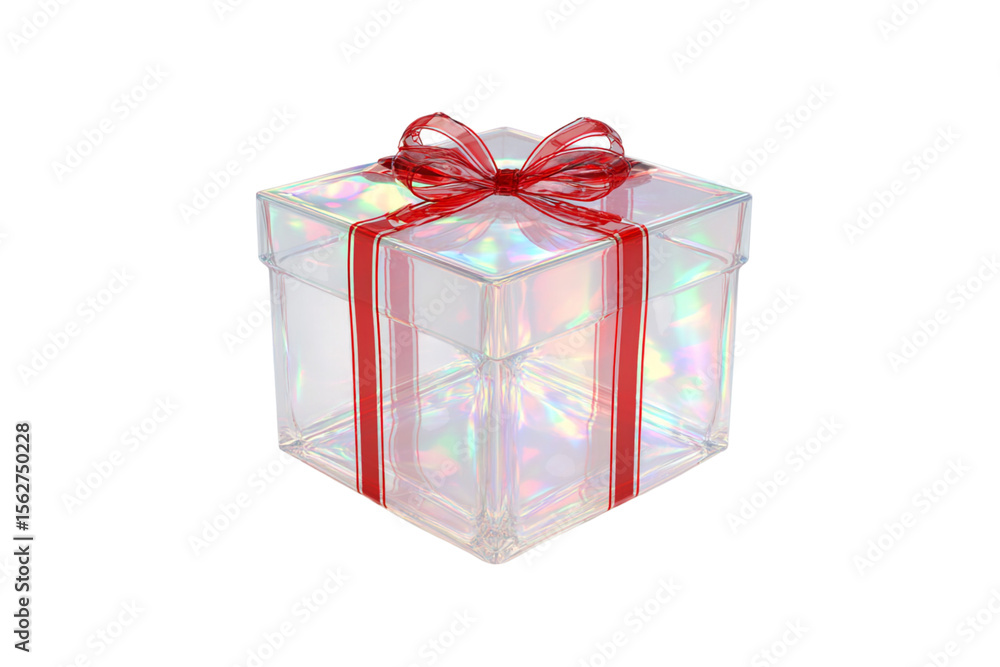 Obraz premium Iridescent Gift Box with Red Ribbon and Bow, Festive and Elegant Presentation isolated on transparent background