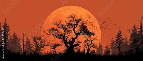 Majestic Full Moon Rising Over Silhouette Trees in Orange Sky