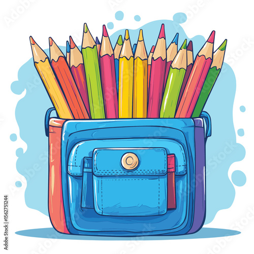 colored pencils cartoon with school bags go to school, vector style simple color