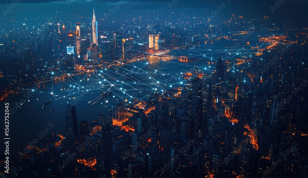 Fototapeta premium Aerial view of a bustling city at night, illuminated by lights and connected by a network