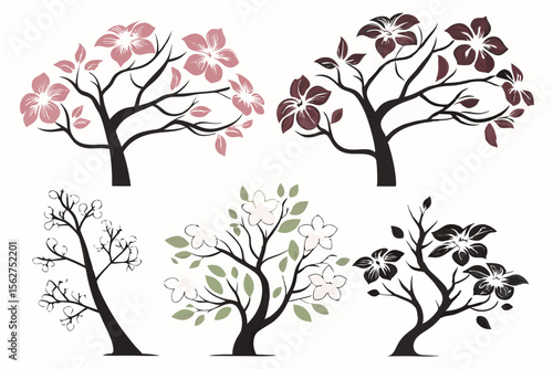 set of Dogwood Tree vector silhouette illustration isolated on white background