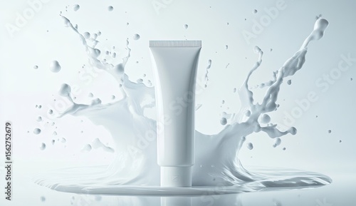 White tube of product amidst milk splash