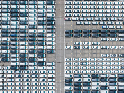 Aerial view new car distribution center parking lot