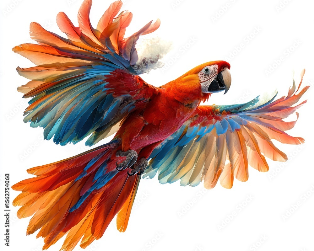 Fototapeta premium Colorful macaw in mid-flight showcasing vibrant feathers against a white backdrop