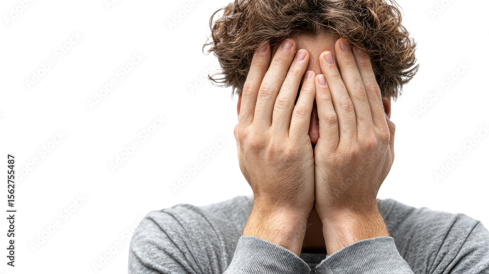 Fototapeta premium A person covering their face with hands, expressing emotions and vulnerability, isolated on white background.